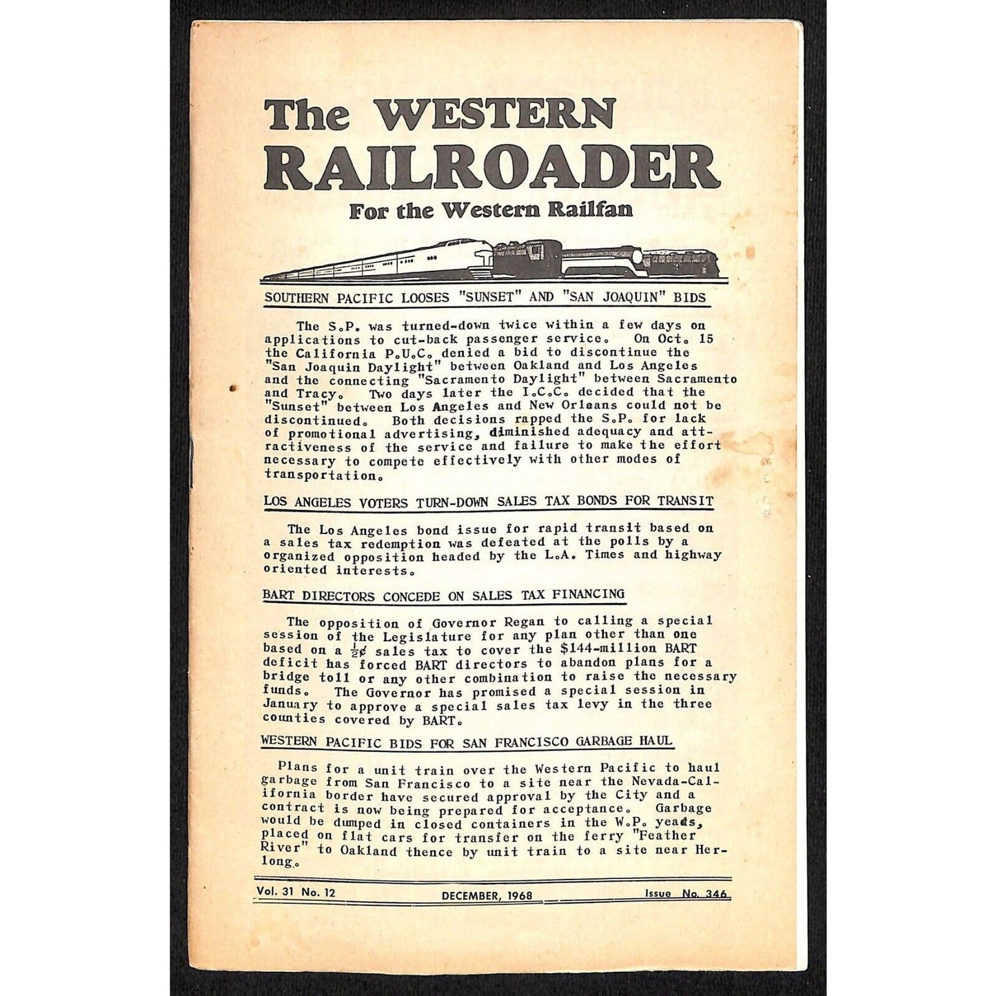 1968 "The Western Railroader" Railfan Magazine Vol. 31 No.12 - 16pp