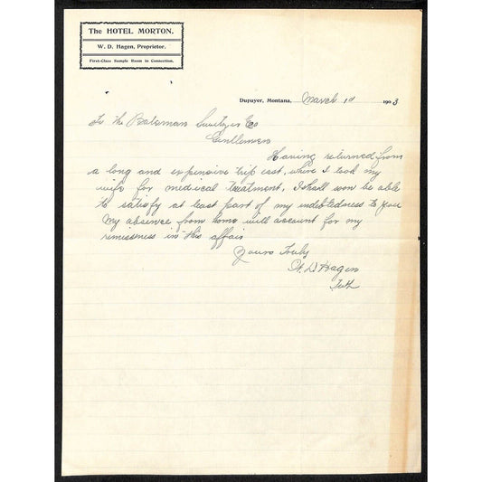 Dupuyer, MT "The Hotel Norton" 1903 Letterhead - Bateman Switzer