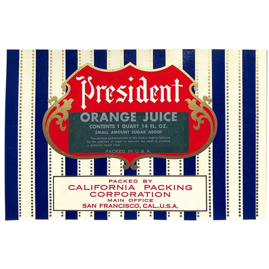 c1950 Paper Can Label President Brand Orange Juice VGC - Scarce