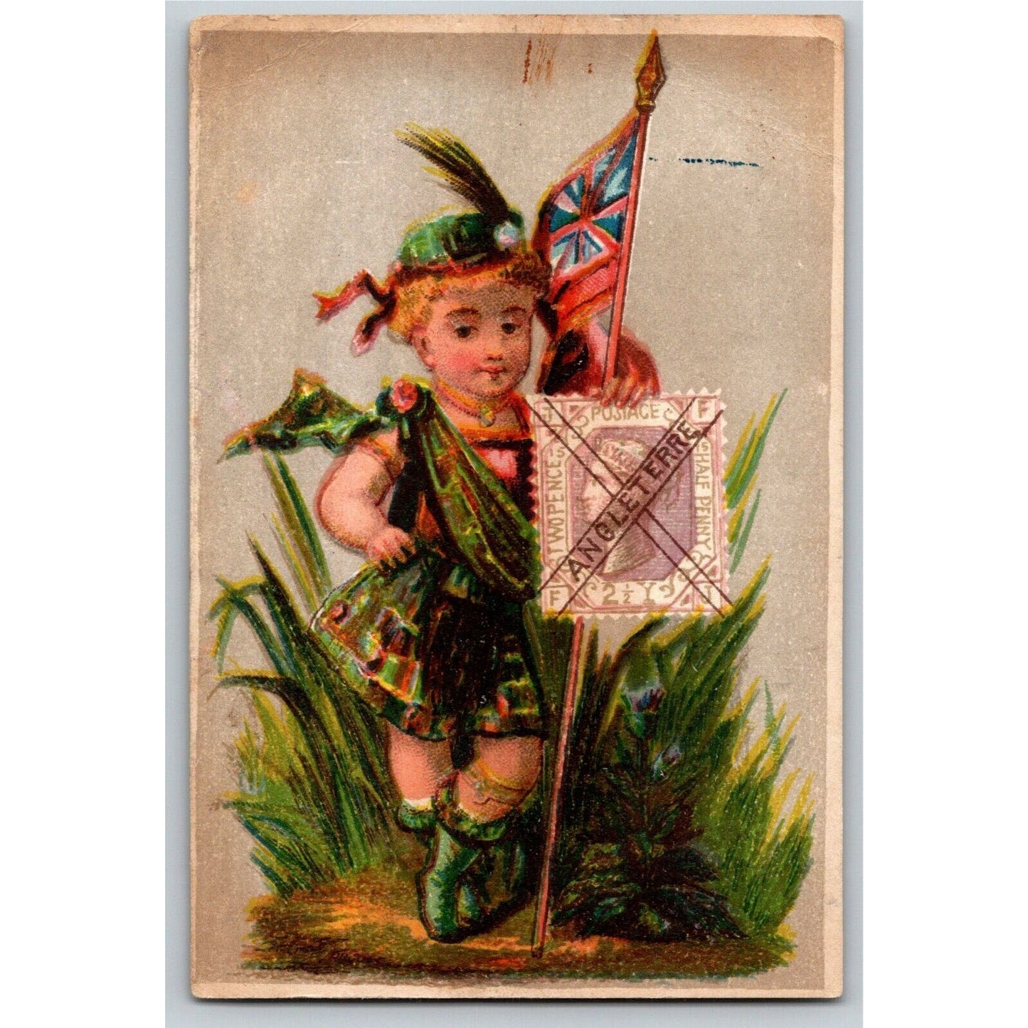 Victorian Trade Card "Atlantic & Pacific Tea" Boy w/ Angleterre England Stamp