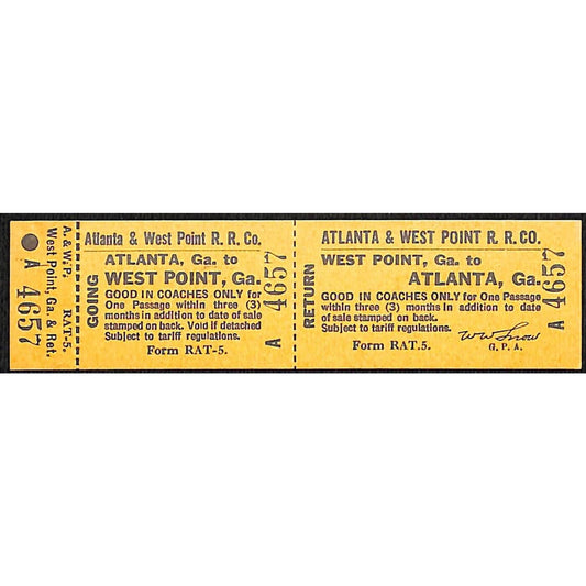 Atlanta & West Point Railroad Unused Ticket w/ Stub #4657 VOID*