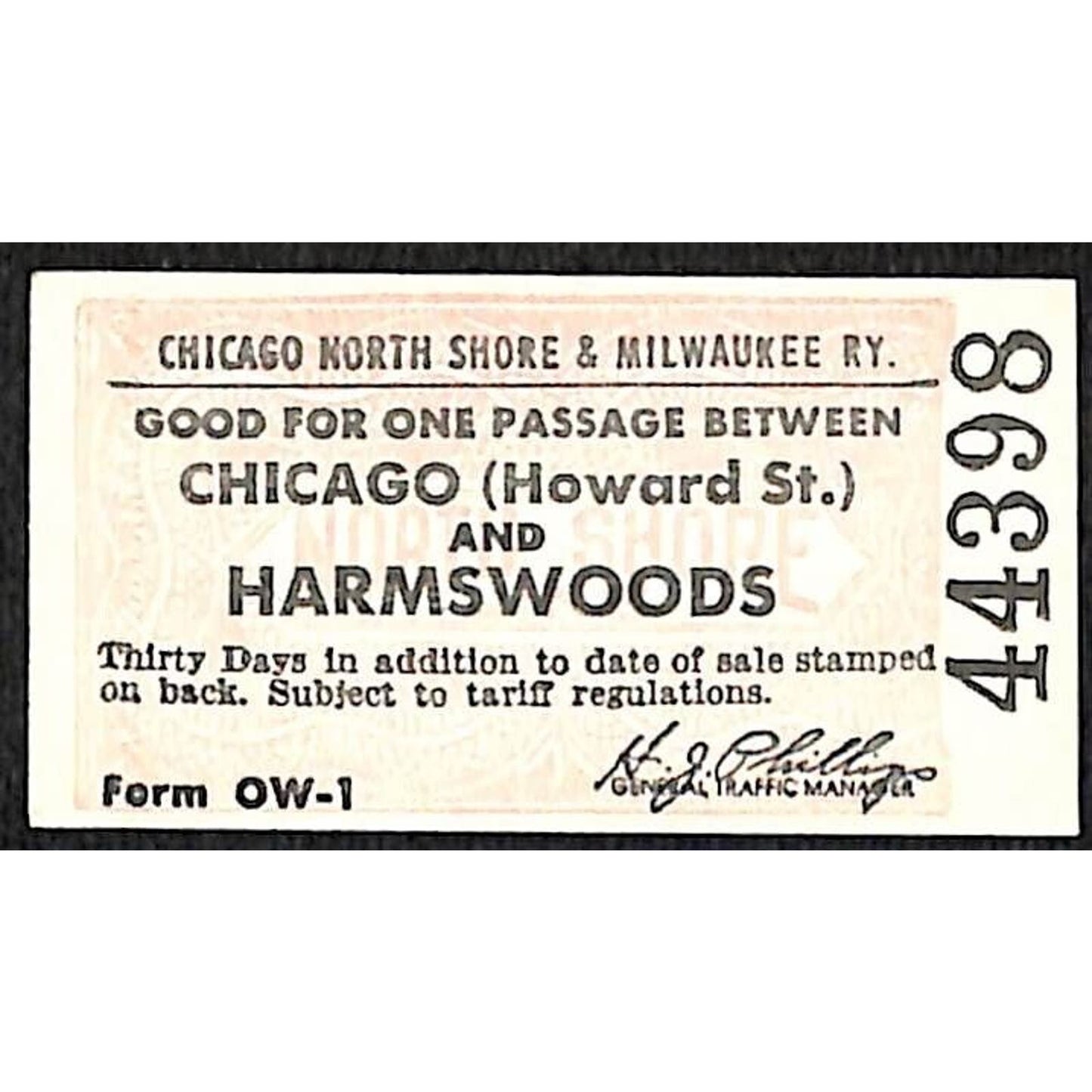 Chicago North Shore & Milwaukee RY Ticket c1947-50's Harmswoods #44398
