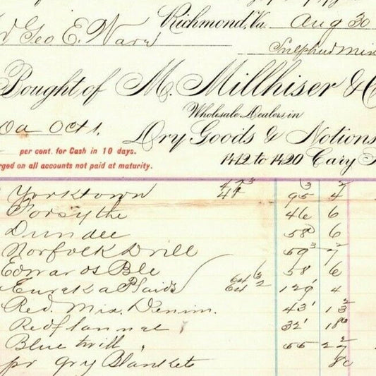 M. Millhiser Dry Goods Notions Richmond, VA Letterhead to: Geo. E. Wear 1892