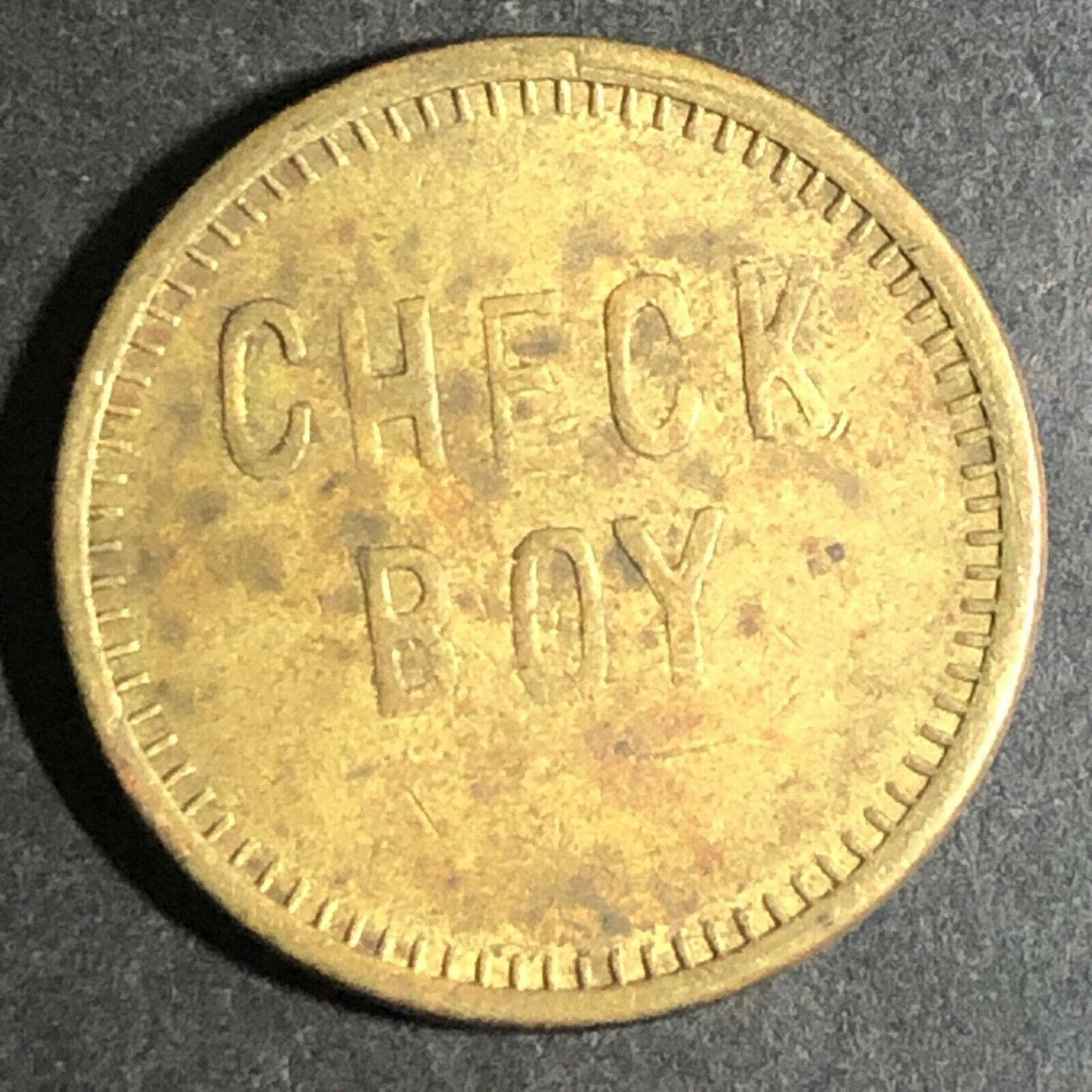 Vintage 21mm Brass "Check Boy - Good for 5 in Trade" Token