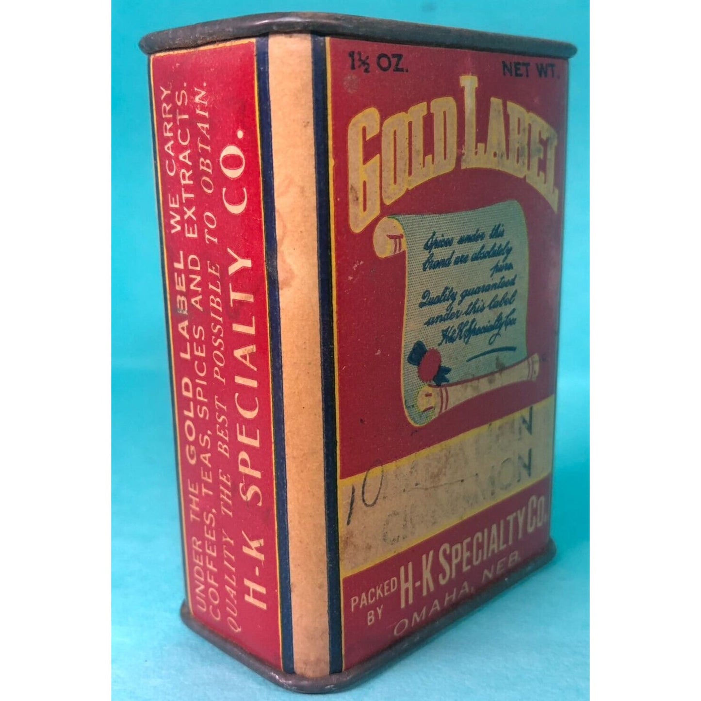 Gold Label Cinnamon H-K Specialty Co. Spice Tin 2 7/8" h Fiber Body c1930's-40s