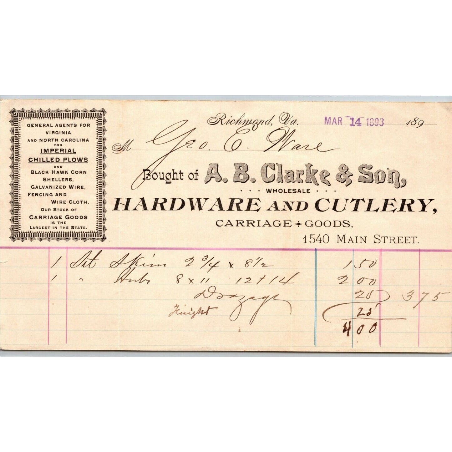 A.B. Clarke & Son Hardware Cutlery Richmond, VA Letterhead to Geo. E. Wear 1893