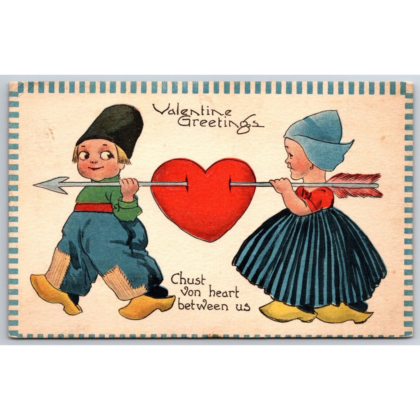 Valentine Postcard "Chust Von Heart Between Us" Cute Dutch Kids Arrow c1915-20