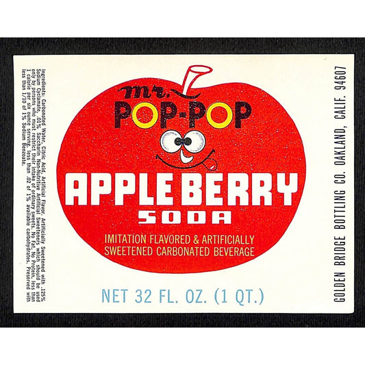 Mr. Pop-Pop Apple Berry Soda Paper Soda Label Oakland, CA c1965 Scarce VGC