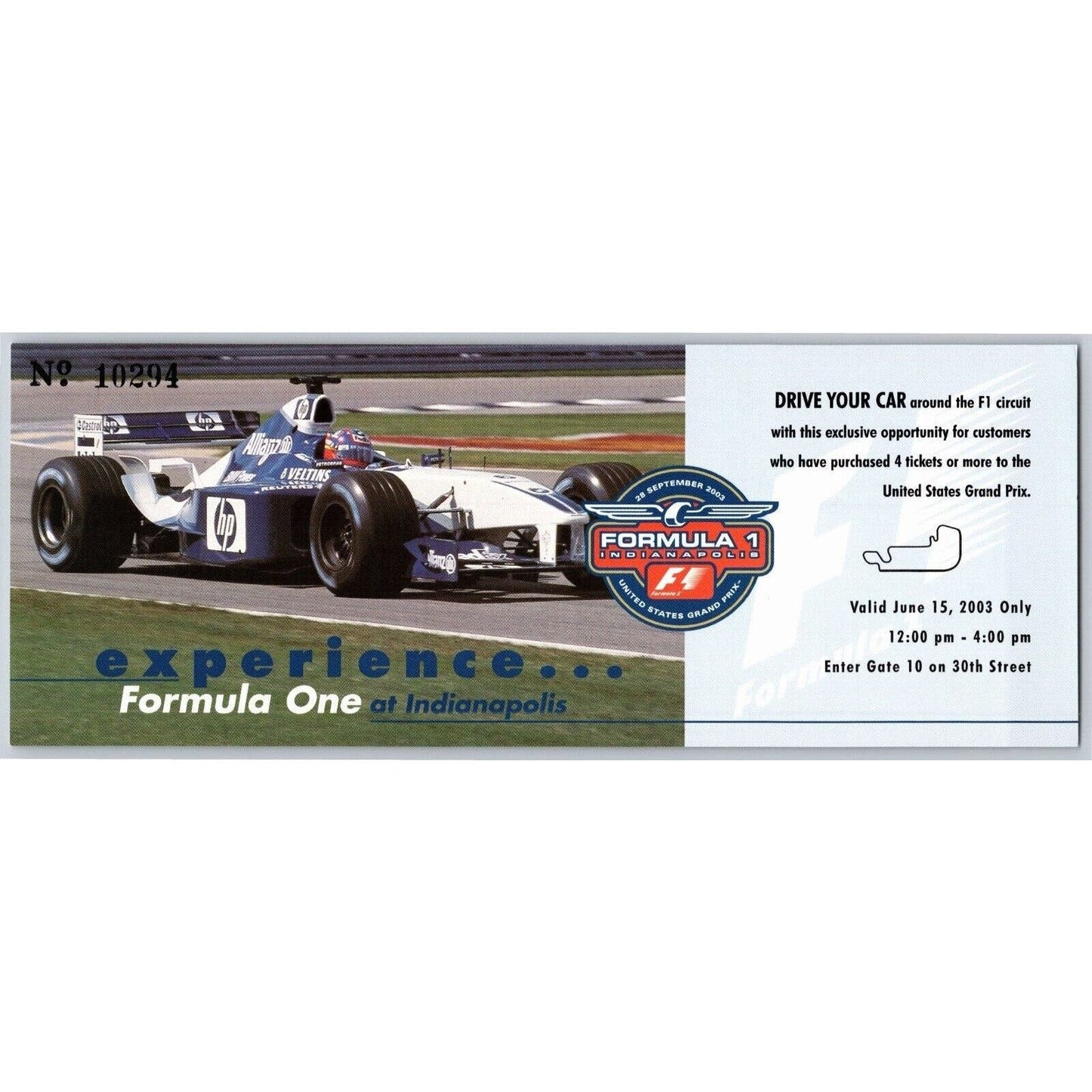 2003 Indianapolis Formula One Driving Experience Driver Condition Form Card VGC