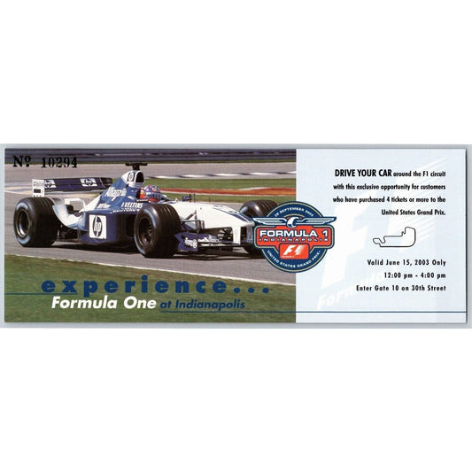2003 Indianapolis Formula One Driving Experience Driver Condition Form Card VGC