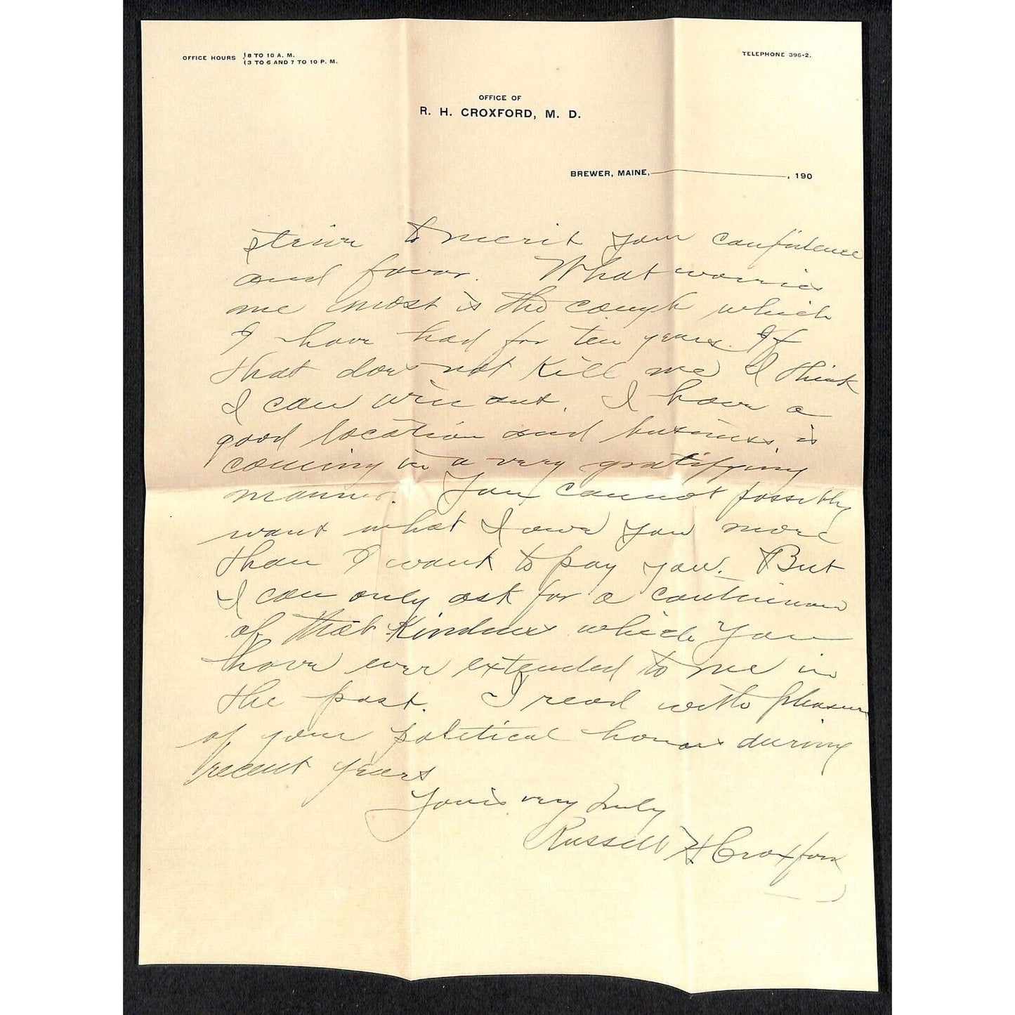 Newburgh, ME Amos W. Knowlton* 1906 Brewer R.H. Croxford, M.D. ALS re: Debts
