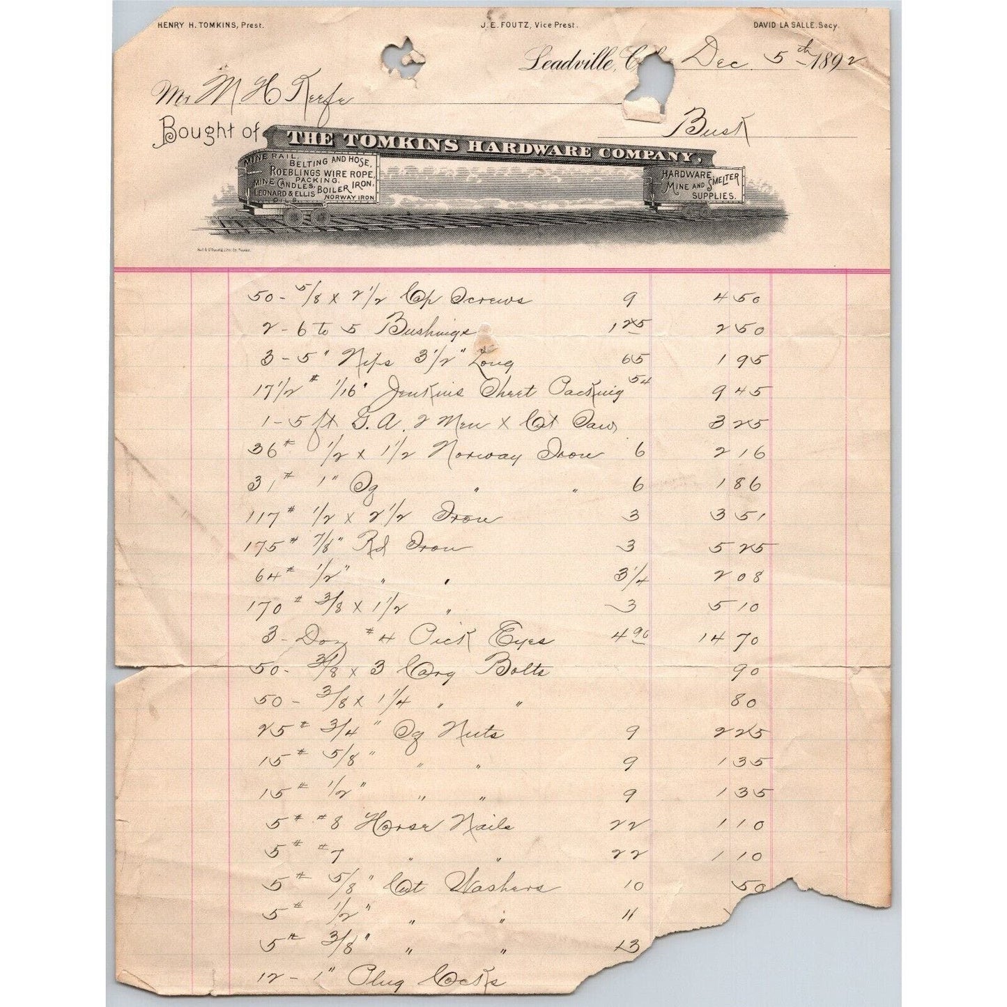 1892 Leadville, CO Tomkins Hardware Co. Mining Letterhead - M.H. Keefe w/ RR Art