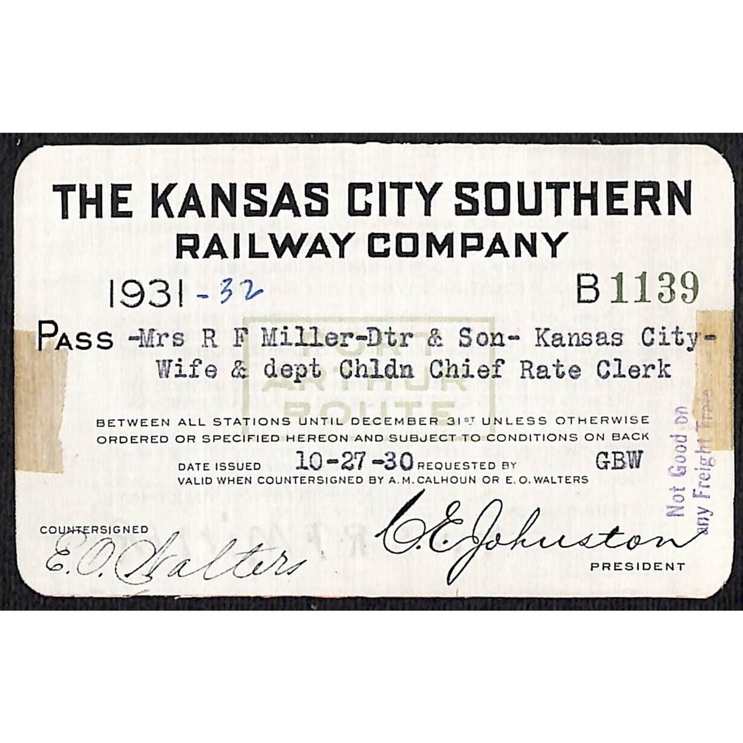1931 -1932 Kansas City Southern Railway Company Railroad Yearly Pass B 1139
