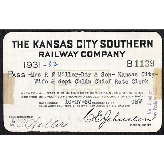 1931 -1932 Kansas City Southern Railway Company Railroad Yearly Pass B 1139