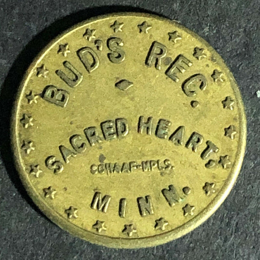 Bud's Rec. Sacred Heart, Minn. G/F 5c In Trade Brass Token 19mm Recreation