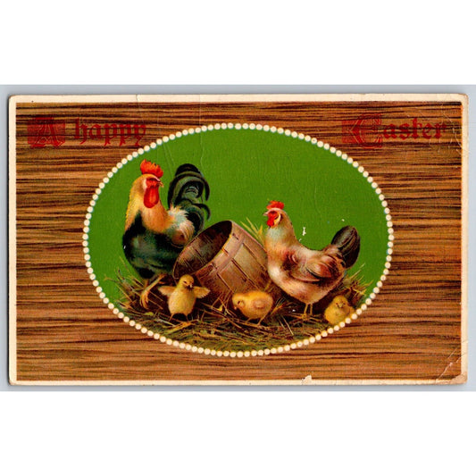 Easter Postcard "A Happy Easter" Rooster Hen Baby Chicks Wood Panel PM 1912