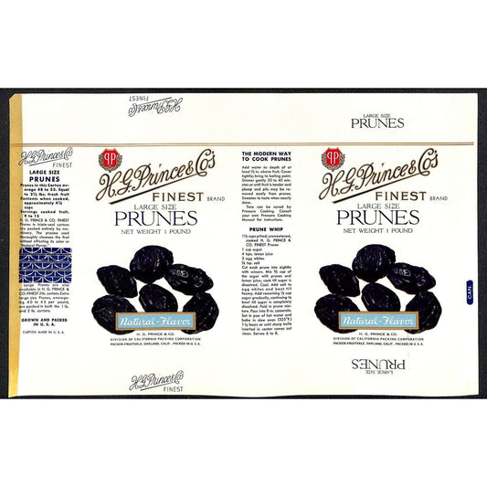1950 Paper Box Label H.G. Prince & Co. Large Size Prunes - Scarce