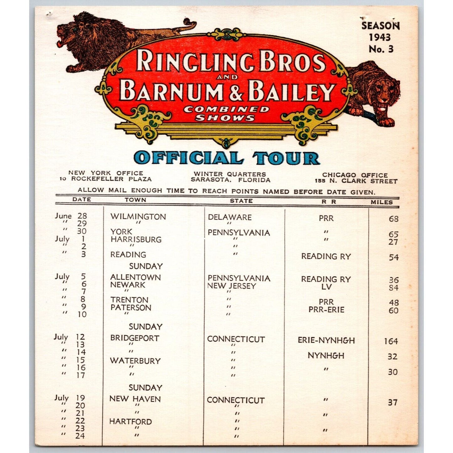 1943 Ringling Bros Barnum & Bailey Circus Route Card Wilmington York Harrison