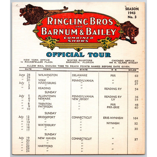 1943 Ringling Bros Barnum & Bailey Circus Route Card Wilmington York Harrison
