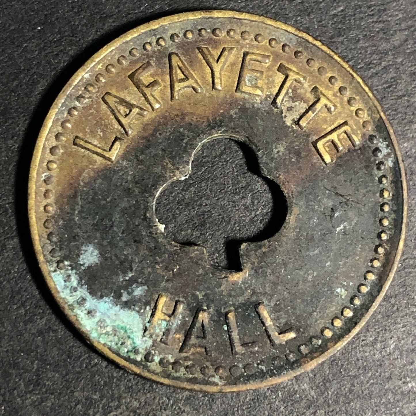 24.5mm Brass Lafayette Hall (Saloon Sacramento, CA) Token Clover Shamrock (#46)