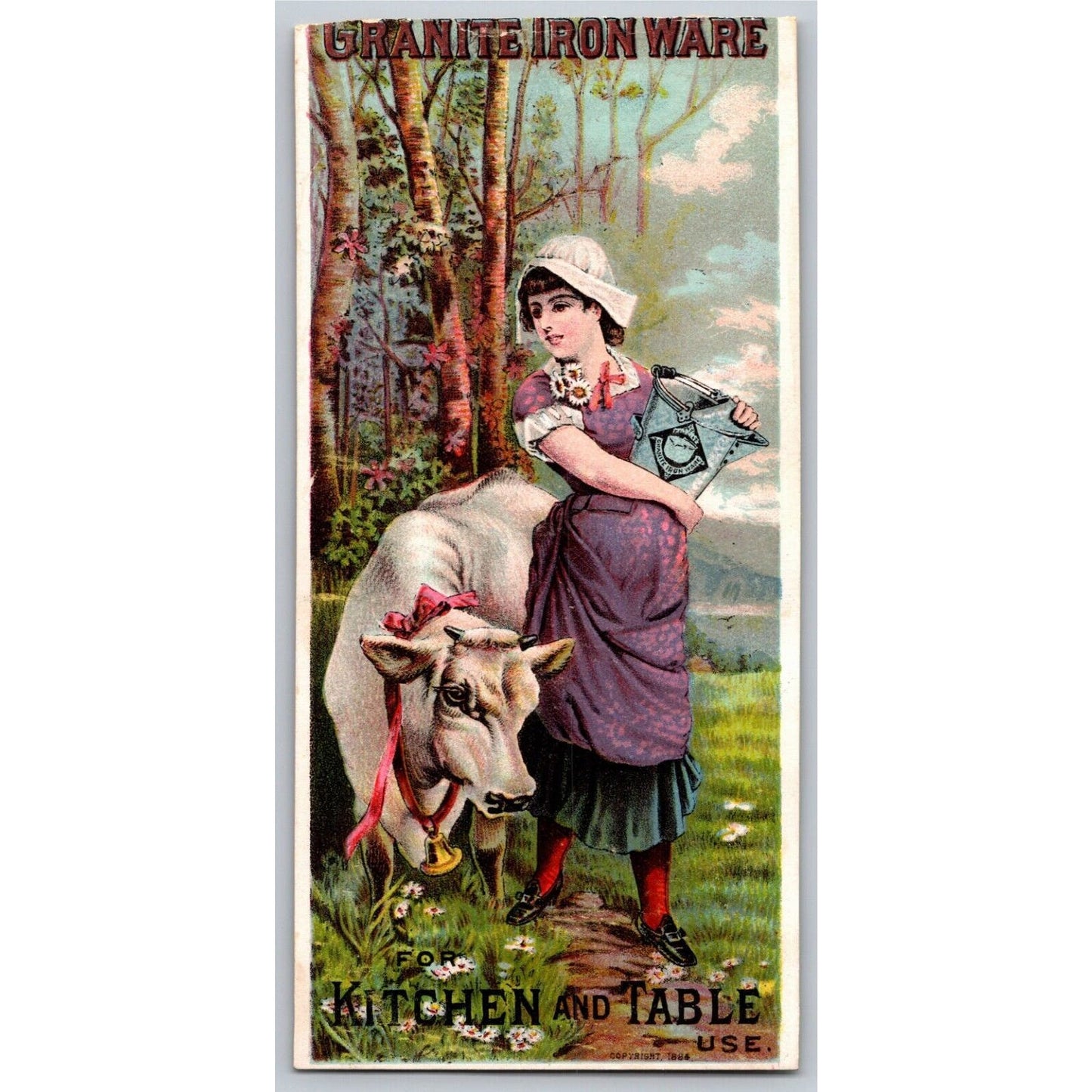 Granite Iron Wear Kitchen Use Victorian Trade Card - Woman w/ Cow & Bucket