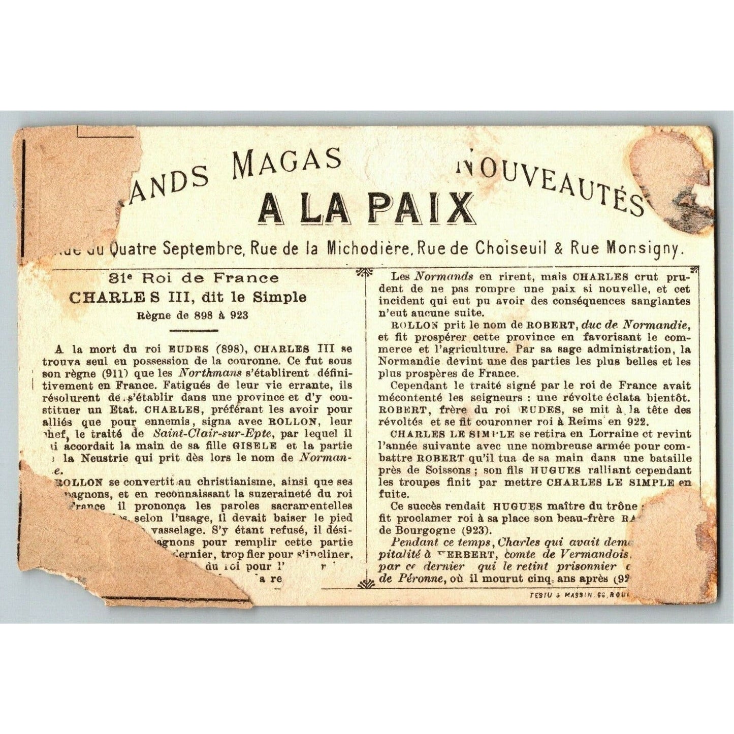 French Victorian Trade Card - "A La Paix" Charles III. Dit Le Simple