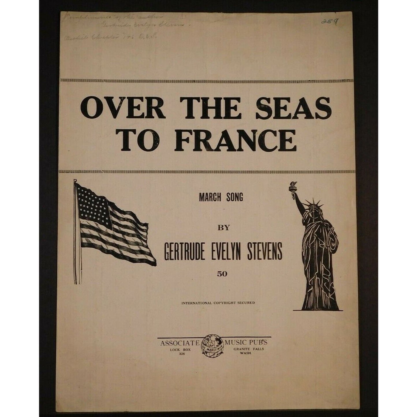 WWI Sheet Music - "Over The Seas To France" American Flag Statue Of Liberty