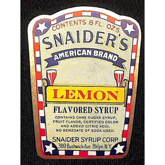 Lemon Syrup Snaider Syrup Corp. Brooklyn Paper Soda Label c1940's Patriotic