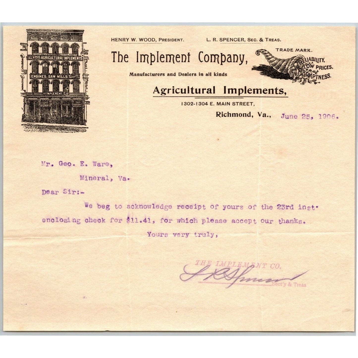 "The Implement Company" Agricultural Richmond, VA Letterhead Geo. E. Wear 1906