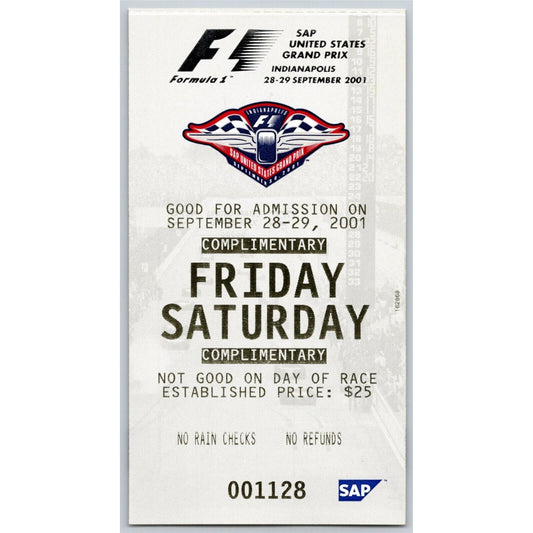 2001 Indianapolis Formula One Grand Prix Racing Fri Sat Comp Ticket #1128