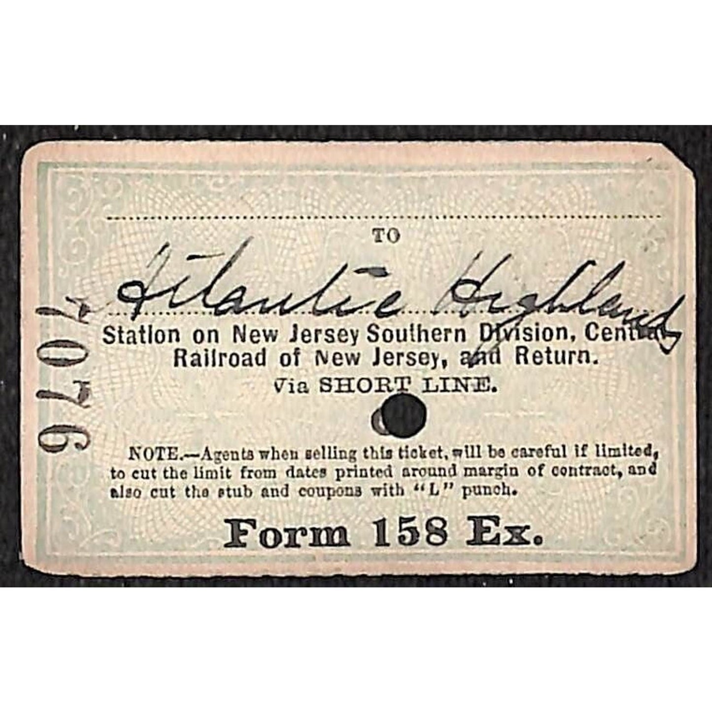 New York & Long Branch Railroad 1896 Ticket N. Asbury Park AC Highlands #7076