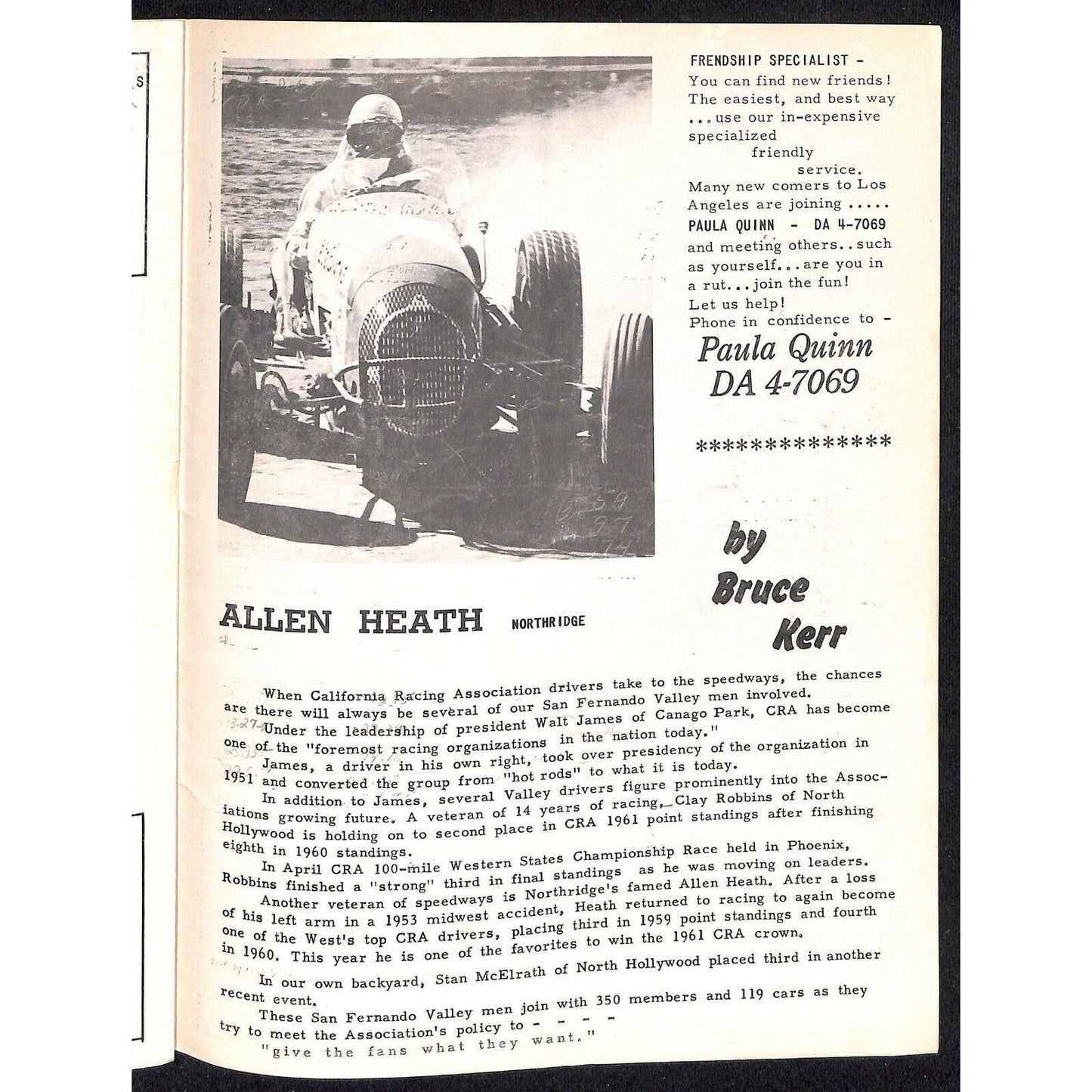 Scarce Jul 1 1961 Auto Racing CRA Big Car Program Ascot Gardena, CA 12pp