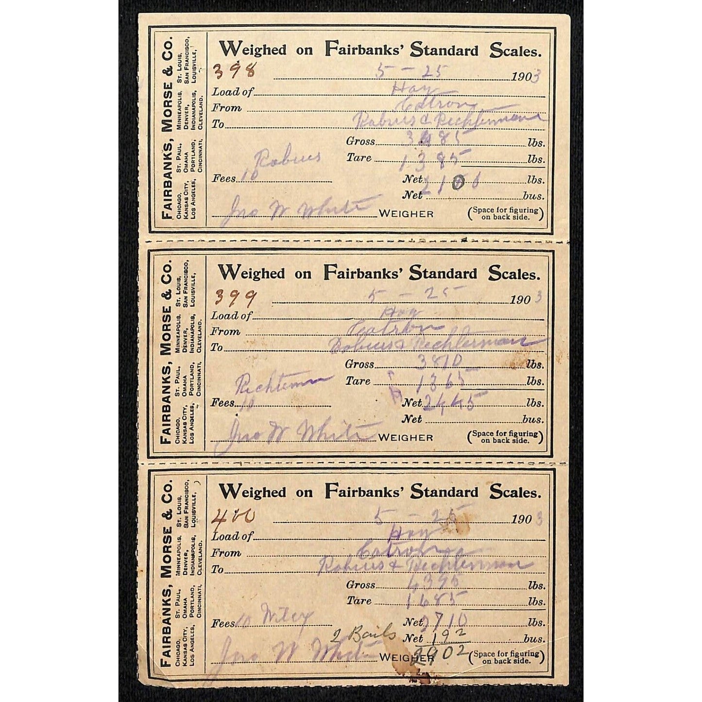 Fairbanks, Morse & Co. 1903 Weight Receipts - 3 Attached