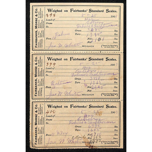Fairbanks, Morse & Co. 1903 Weight Receipts - 3 Attached