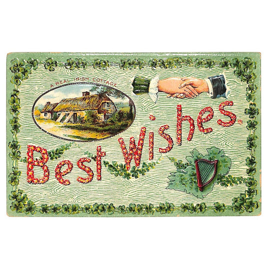 Ireland Postcard "A Real Irish Cottage" Clovers Harp Handshake Emb. NP c1909-15