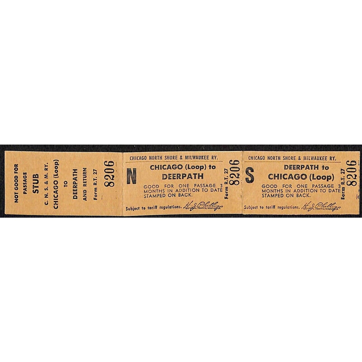 Chicago North Shore & Milwaukee RY Ticket w/ Stub c1950's Deerpath #8206