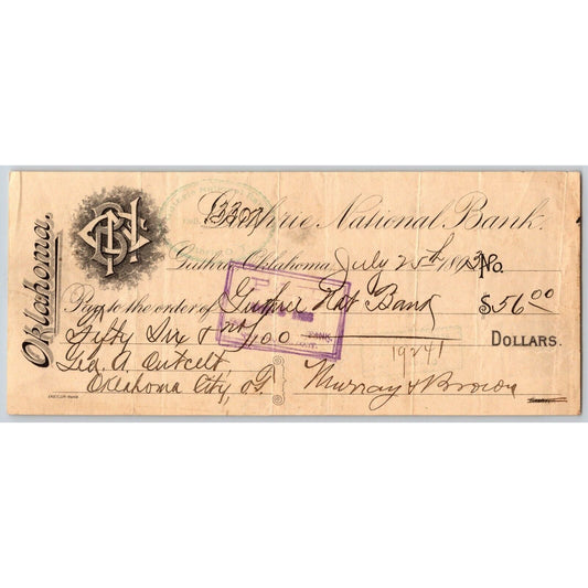 Guthrie, Oklahoma Territorial 1893 Guthrie National Bank Check Monogram Logo