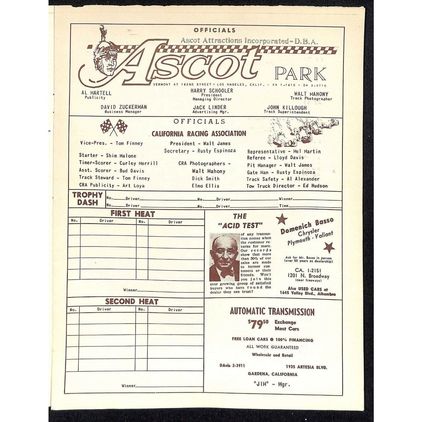 Scarce May 5 1962 CRA Champion Auto Racing Program Ascot Park Gardena Cantrell