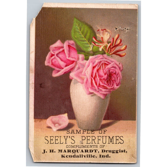 J.H. Marquardt Druggist Kendallville, IN Victorian Trade Card Roses Vase