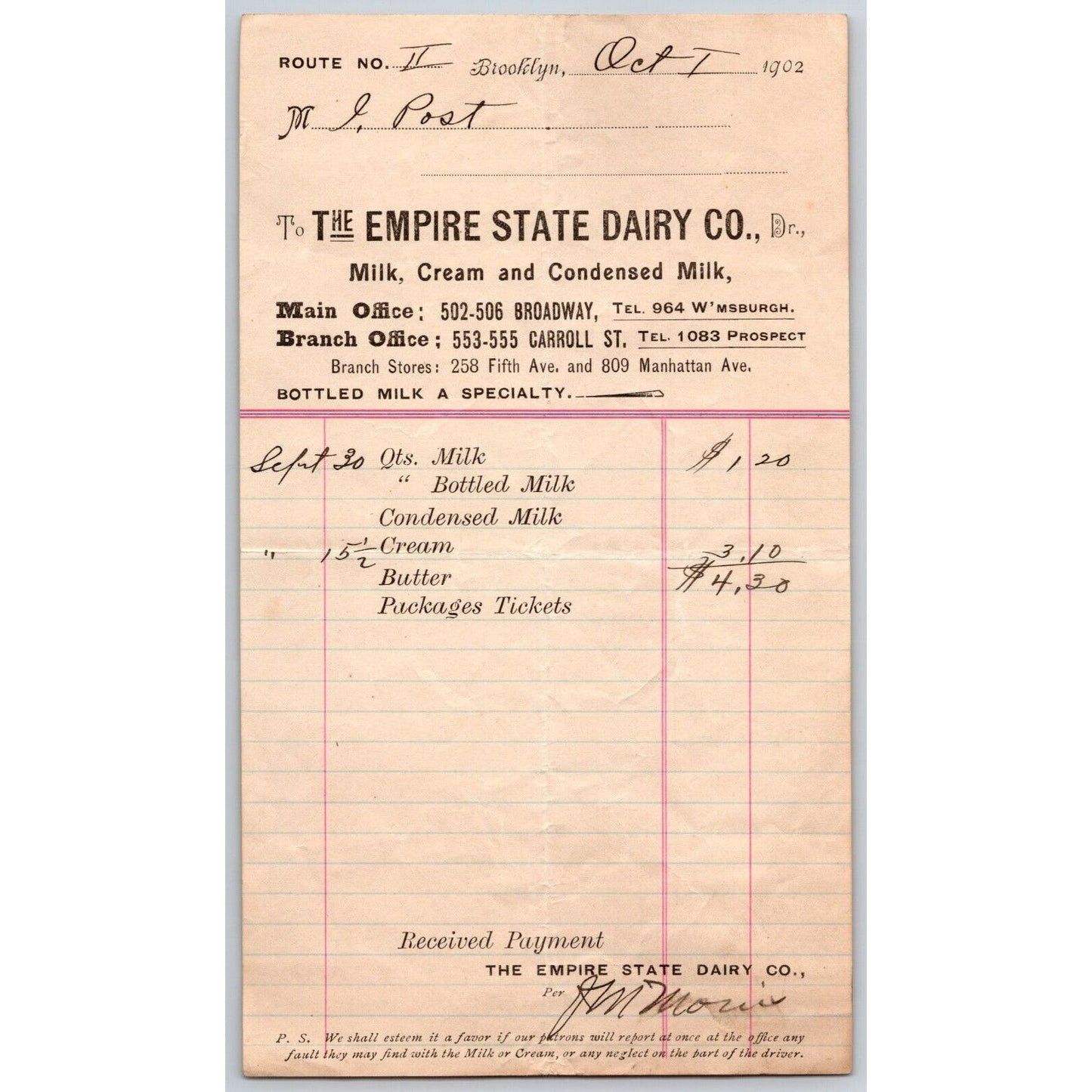 Empire State Dairy Brooklyn, NY 1902 Billhead to: Isaac Post VGC