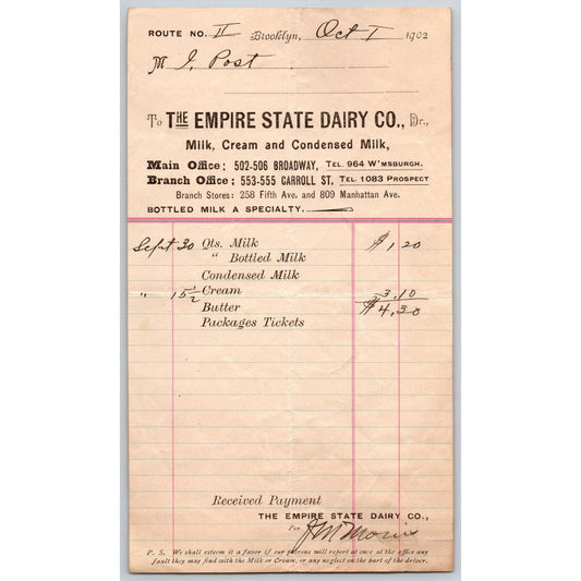 Empire State Dairy Brooklyn, NY 1902 Billhead to: Isaac Post VGC
