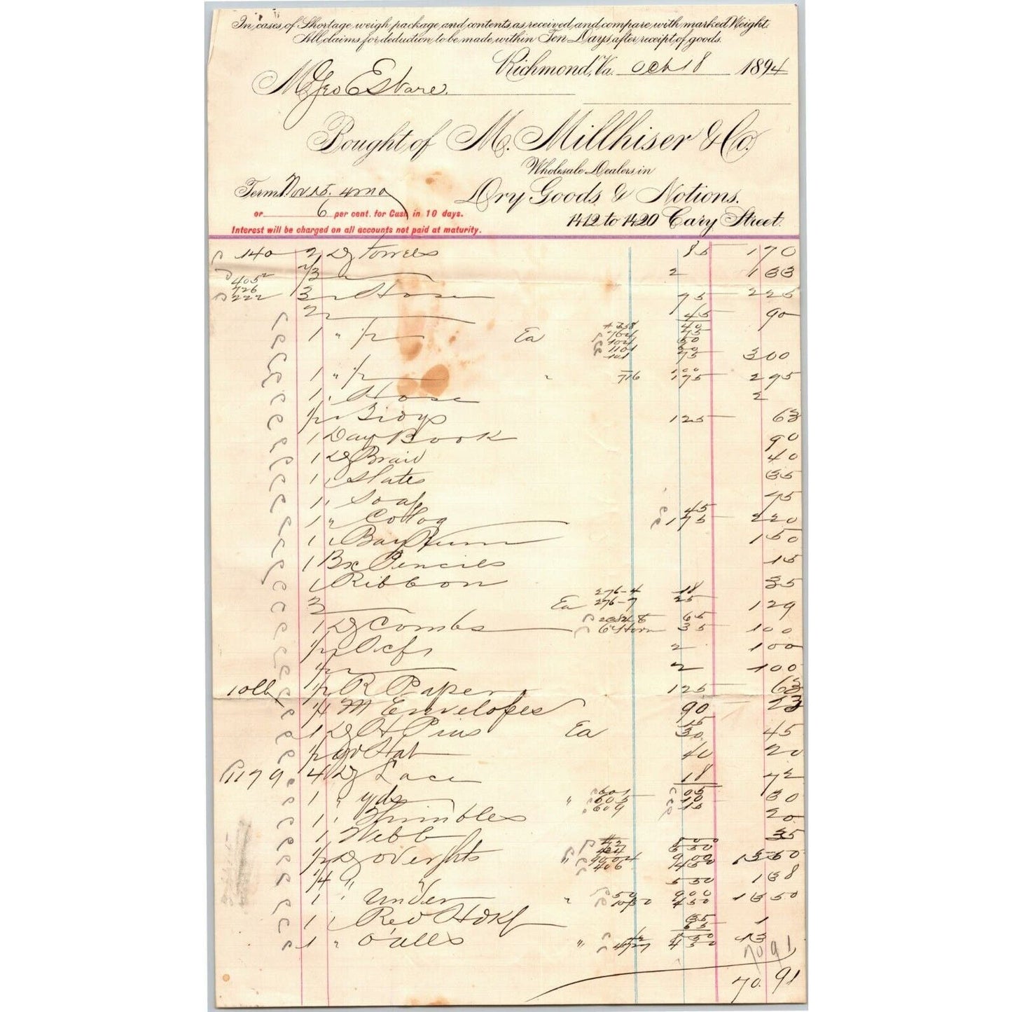 M. Millhiser Dry Goods Notions Richmond, VA Letterhead o Geo. E. Wear 1894