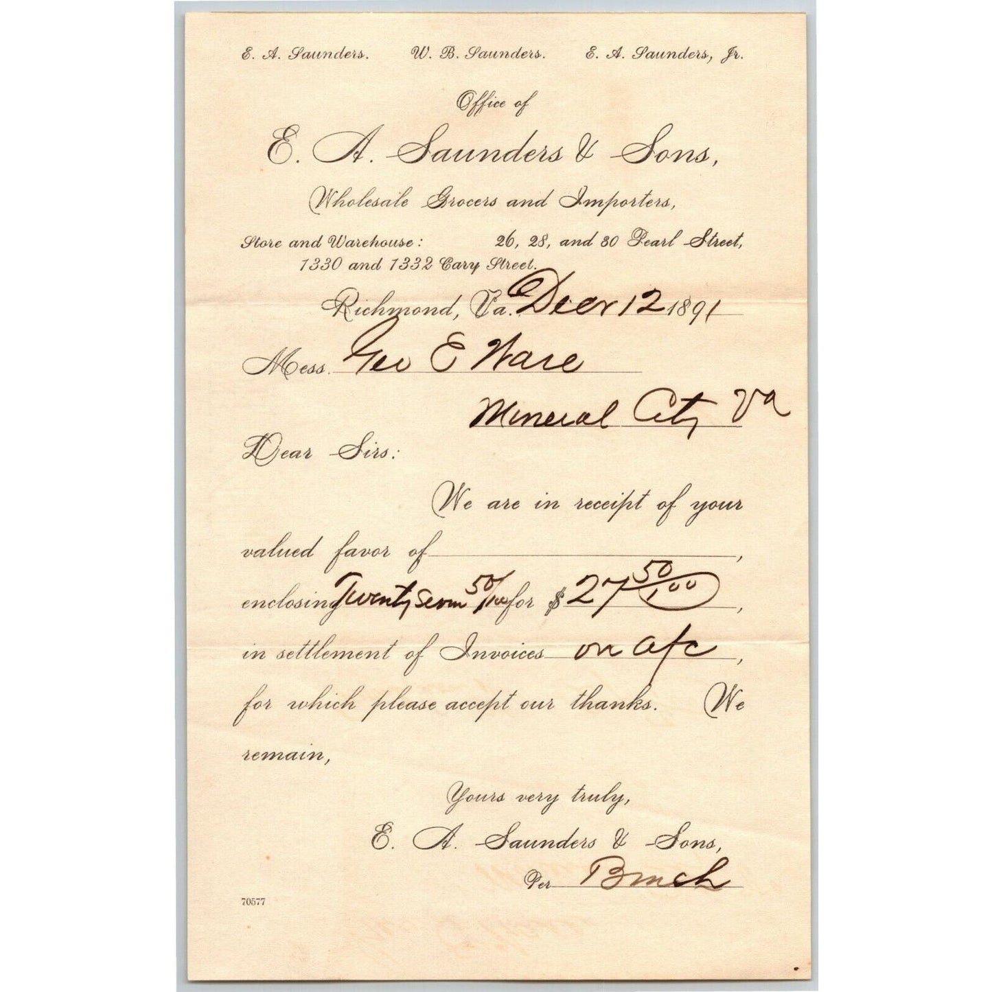 E.A. Saunders and Son Grocer Letterhead Richmond, VA to Geo. E. Wear Dec.1891