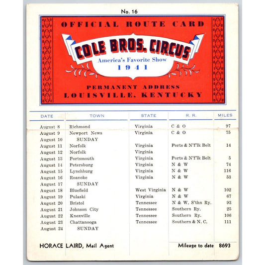 1941 Cole Bros Circus Route Card West Virginia Tennessee