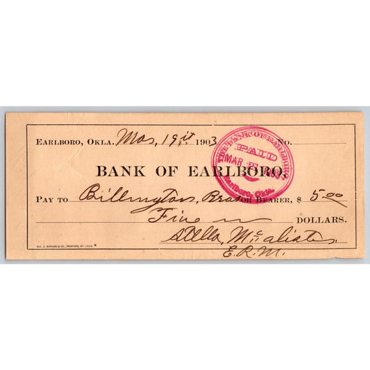 Earlboro, OK Territorial 1903 Billington Bros. "Bank of Earlboro" Check Scarce
