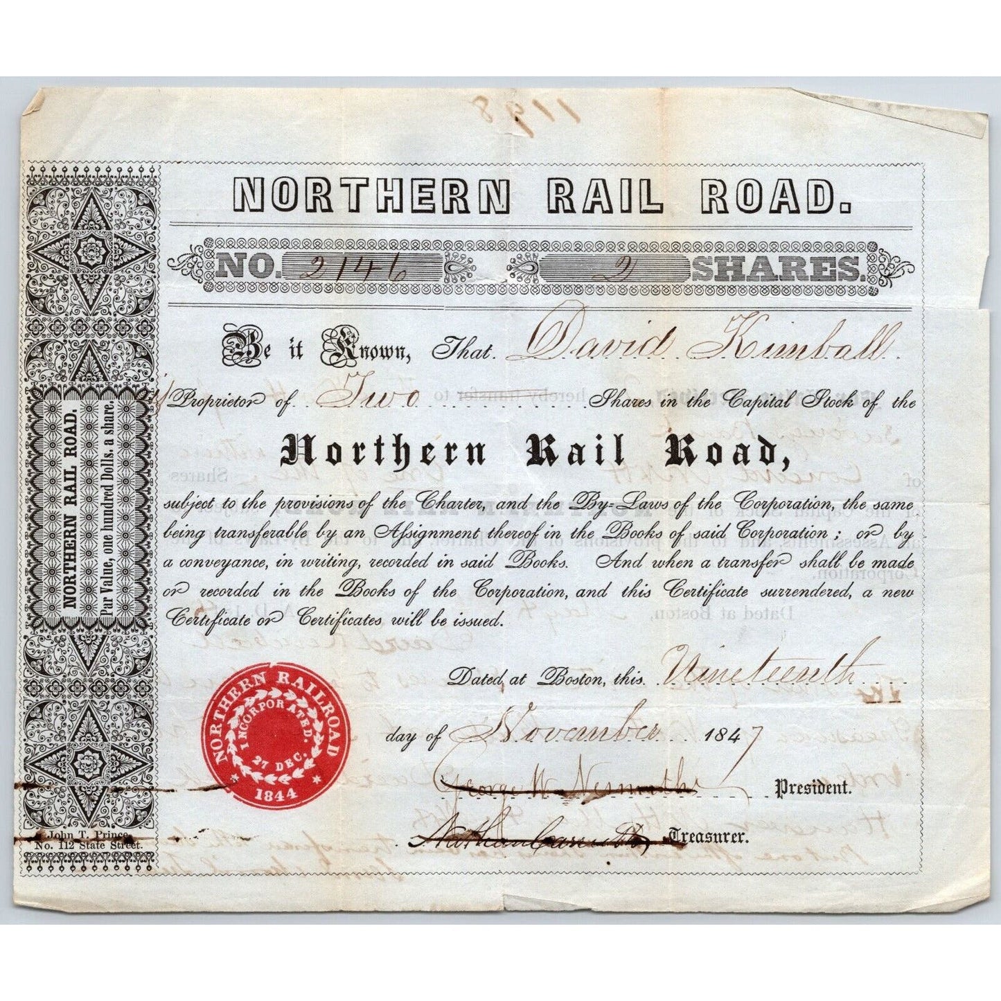1847 Boston, MA Northern Railroad Stock Certificate No. 2146 for 2 Shares