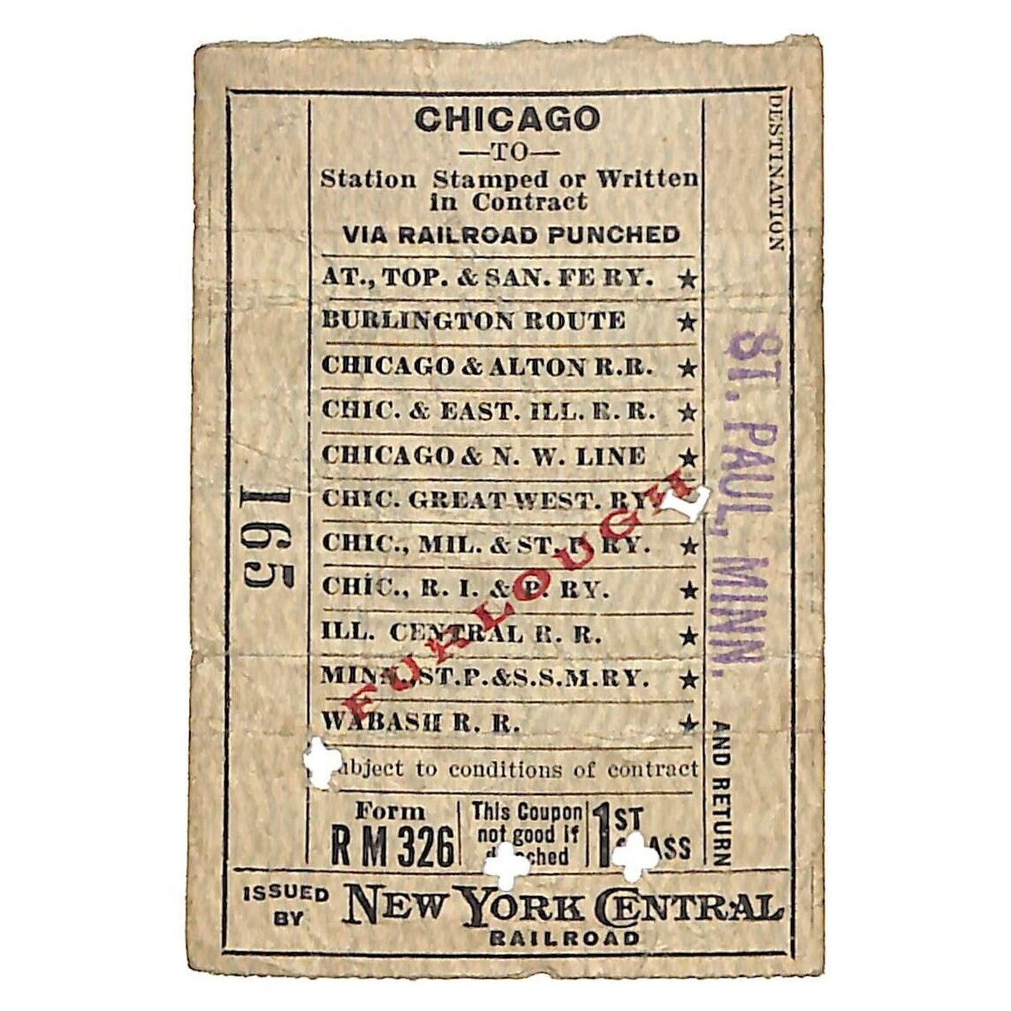 New York Central Railroad Ticket 1918 WWI "Furlough" Chicago to St. Paul