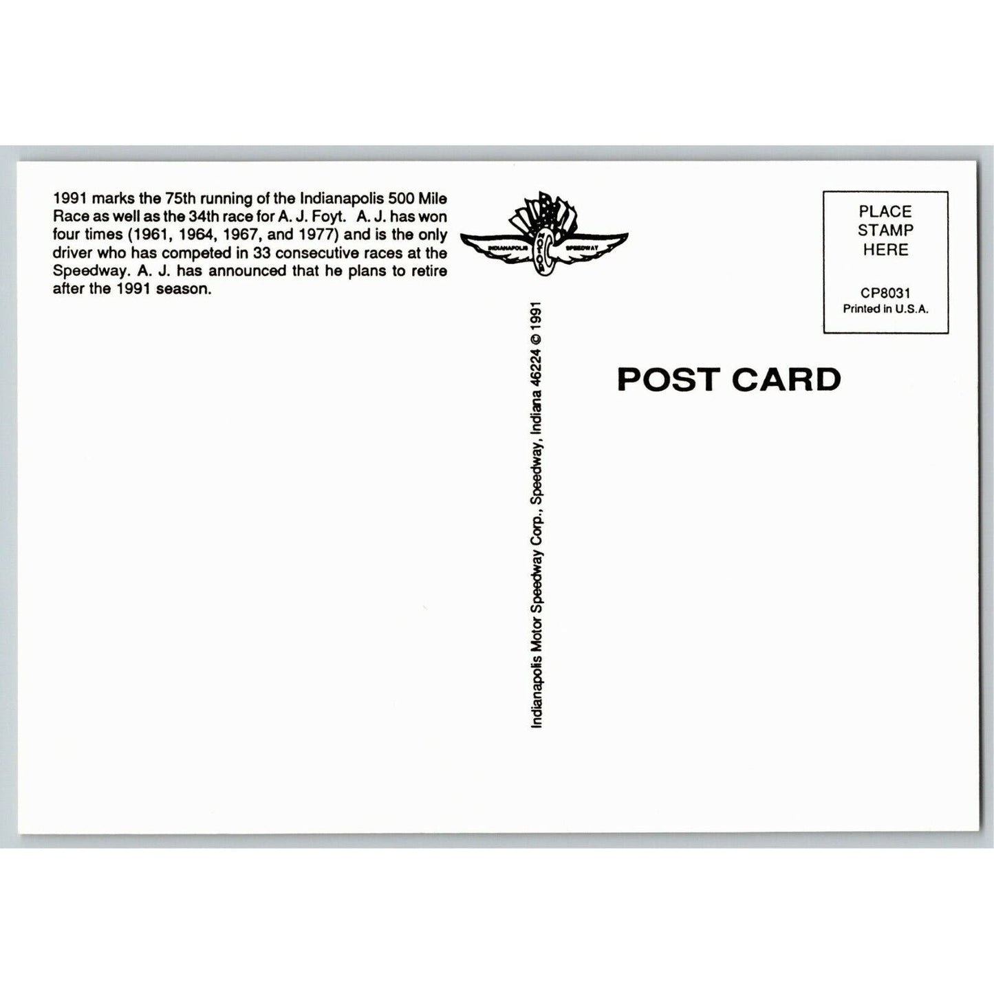 c1990 Indy 500 - A. J. Foyt 34th Race - Motor Speedway NOS 4" x 5 3/4" Postcard