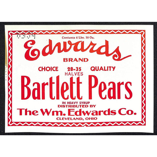 1941 Paper Can Label Edwards Brand Bartlett Pears Halves Heavy Syrup VGC -Scarce