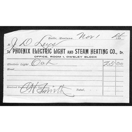 Butte Montana 1894 Phoenix Electric Light and Steam Heating Billhead Receipt